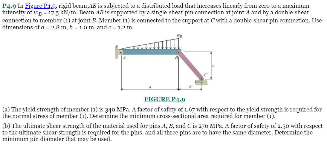 P4.9 In Figure P4.9, rigid beam AB is subjected to a distributed load that increases linearly from zero to a maximum
intensity of wg = 17.5 kN/m. Beam AB is supported by a single-shear pin connection at joint A and by a double-shear
connection to member (1) at joint B. Member (1) is connected to the support at C with a double-shear pin connection. Use
dimensions of a = 2.8 m, b = 1.0 m, and c = 1.2 m.
FIGURE P4.9.
(a) The yield strength of member (1) is 340 MPa. A factor of safety of 1.67 with respect to the yield strength is required for
the normal stress of member (1). Determine the minimum cross-sectional area required for member (1).
(b) The ultimate shear strength of the material used for pins A, B, and Cis 270 MPa. A factor of safety of 2.50 with respect
to the ultimate shear strength is required for the pins, and all three pins are to have the same diameter. Determine the
minimum pin diameter that may be used.
