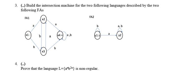 3. (.) Build the intersection machine for the two following languages described by the two
following FAs
FA2
FA1
х2
a
a
а, b
a
(x1 -
b
x4 +
a,b
y2
a
x3
4. (--)
Prove that the language L={a"b2"} is non-regular.
