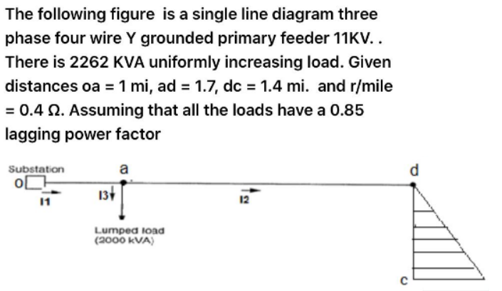 The following figure is a single line diagram three
phase four wire Y grounded primary feeder 11KV..
There is 2262 KVA uniformly increasing load. Given
distances oa =1 mi, ad = 1.7, dc = 1.4 mi. and r/mile
= 0.4 N. Assuming that all the loads have a 0.85
lagging power factor
Substation
a
d
13
12
Lumped load
(2000 kVA)
