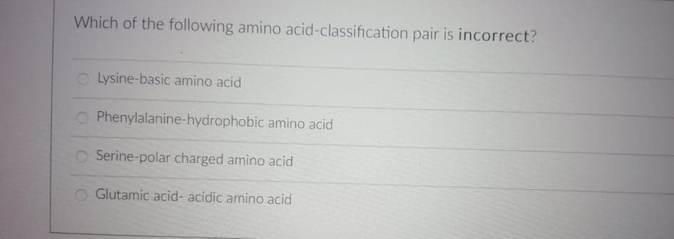 Which of the following amino acid-classification pair is incorrect?
O Lysine-basic amino acid
O Phenylalanine-hydrophobic amino acid
O Serine-polar charged amino acid
Glutamic acid- acidic amino acid
