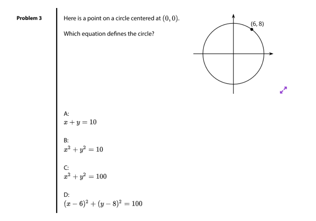 Problem 3
Here is a point on a circle centered at (0, 0).
(6, 8)
Which equation defines the circle?
А:
x + y = 10
B:
x2 + y? = 10
C:
x² + y? = 100
D:
(x – 6)2 + (y – 8)² = 100
