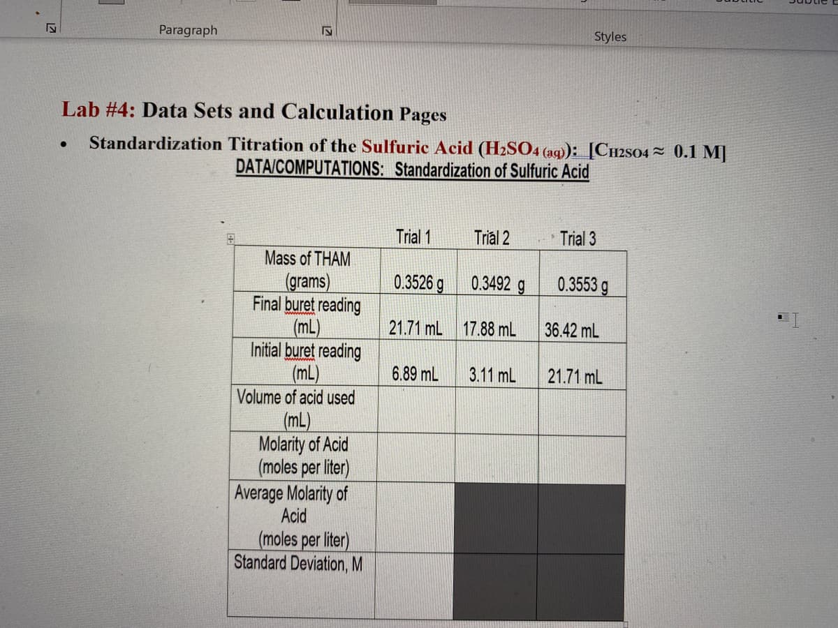 Paragraph
Styles
Lab #4: Data Sets and Calculation Pages
Standardization Titration of the Sulfuric Acid (H2SO4 (ag)): [CH2S04~ 0.1 M]
DATA/COMPUTATIONS: Standardization of Sulfuric Acid
Trial 1
Trial 2
Trial 3
Mass of THAM
0.3526 g
(grams)
Final buret reading
(mL)
Initial buret reading
(mL)
Volume of acid used
0.3492 g
0.3553 g
21.71 mL 17.88 mL
36.42 mL
6.89 mL
3.11 mL
21.71 mL
(mL)
Molarity of Acid
(moles per liter)
Average Molarity of
Acid
(moles per liter)
Standard Deviation, M
