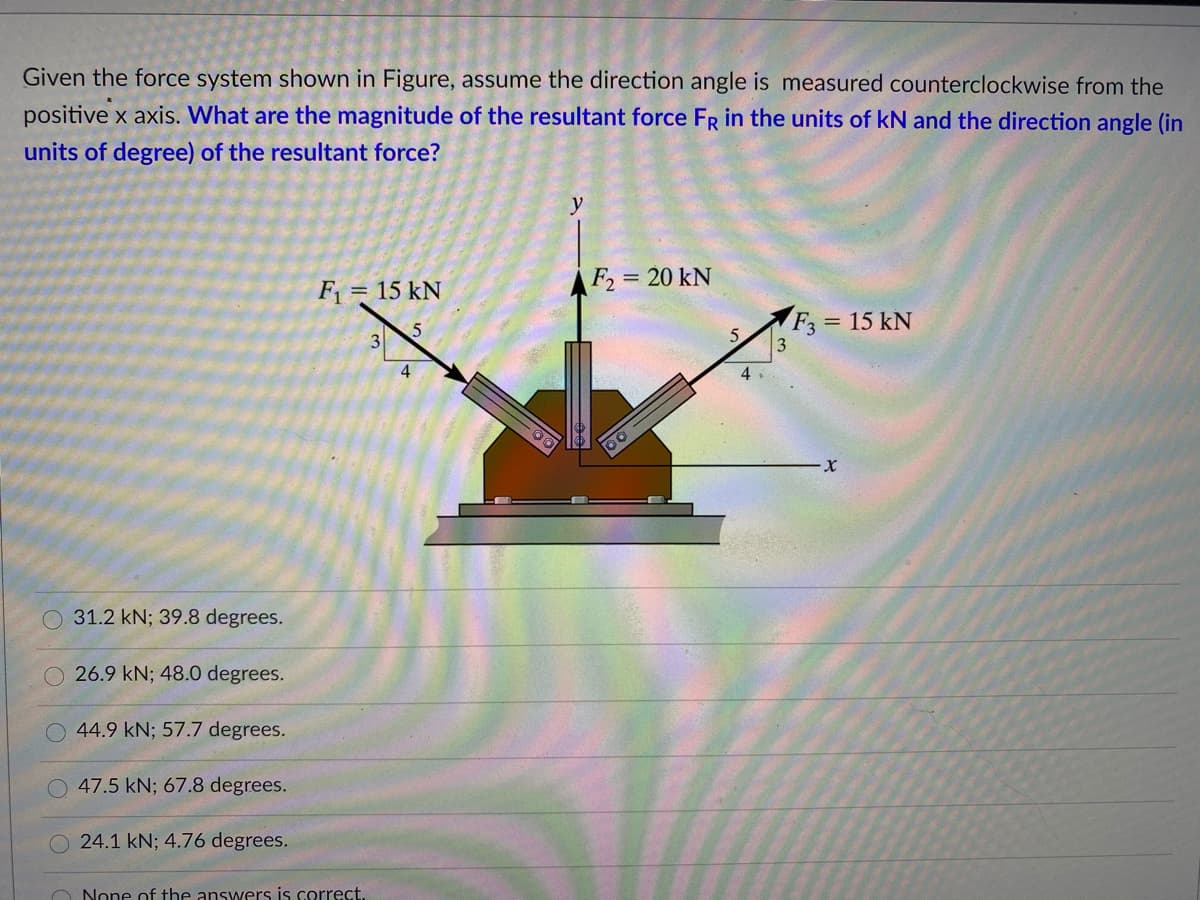 Given the force system shown in Figure, assume the direction angle is measured counterclockwise from the
positive x axis. What are the magnitude of the resultant force FR in the units of kN and the direction angle (in
units of degree) of the resultant force?
F2 = 20 kN
%3D
F = 15 kN
F3
= 15 kN
5
5.
4
4 .
O 31.2 kN; 39.8 degrees.
26.9 kN; 48.0 degrees.
44.9 kN; 57.7 degrees.
47.5 kN; 67.8 degrees.
24.1 kN; 4.76 degrees.
O None of the answers is correct.
