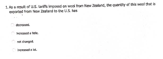 1. As a result of U.S. tariffs imposed on wool from New Zealand, the quantity of this wool that is
exported from New Zealand to the U.S. has
decreased,
Increased a little.
not changed.
Increased a lot.
