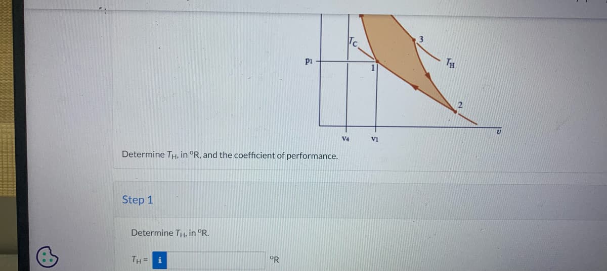 Determine TH, in °R, and the coefficient of performance.
Step 1
Determine TH, in °R.
TH= i
P1
OR
V4
VI
TH