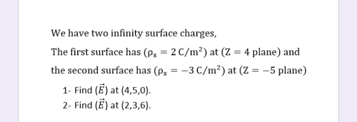 We have two infinity surface charges,
The first surface has (ps = 2 C/m²) at (Z = 4 plane) and
the second surface has (ps = -3 C/m²) at (Z = –5 plane)
1- Find (E) at (4,5,0).
2- Find (E) at (2,3,6).
