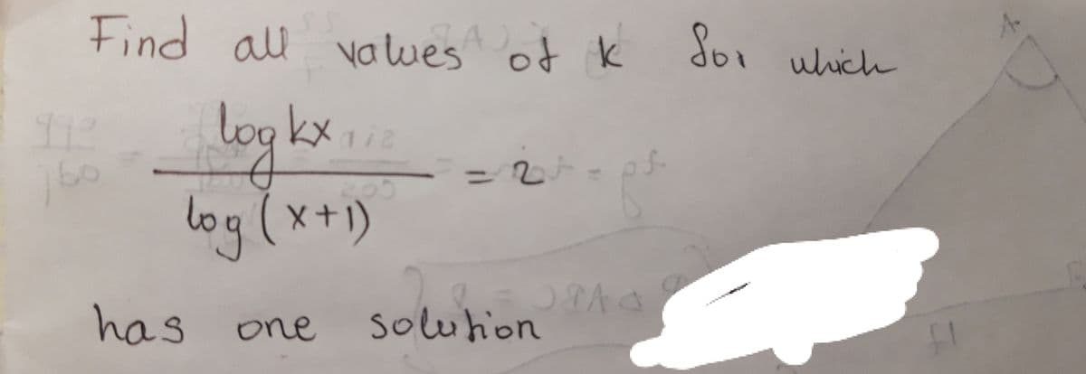 Find all va wes of k
t
Sp which
A-
log kx..
160
log (x+)
has one
soluhion

