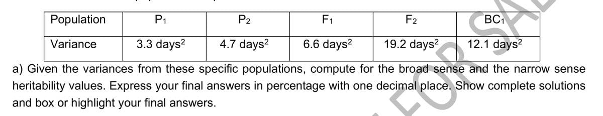 P₁
P₂
F₁
Population
F2
BC₁
Variance
3.3 days²
4.7 days²
6.6 days²
19.2 days²
12.1 days²
a) Given the variances from these specific populations, compute for the broad sense and the narrow sense
heritability values. Express your final answers in percentage with one decimal place. Show complete solutions
and box or highlight your final answers.
cong