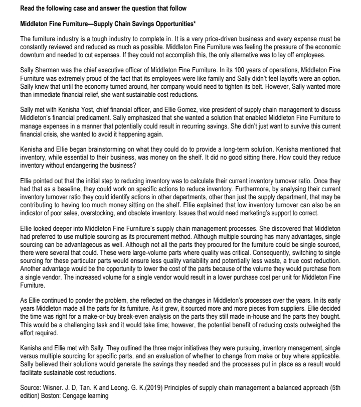 Read the following case and answer the question that follow
Middleton Fine Furniture-Supply Chain Savings Opportunities*
The furniture industry is a tough industry to complete in. It is a very price-driven business and every expense must be
constantly reviewed and reduced as much as possible. Middleton Fine Furniture was feeling the pressure of the economic
downturn and needed to cut expenses. If they could not accomplish this, the only alternative was to lay off employees.
Sally Sherman was the chief executive officer of Middleton Fine Furniture. In its 100 years of operations, Middleton Fine
Furniture was extremely proud of the fact that its employees were like family and Sally didn't feel layoffs were an option.
Sally knew that until the economy turned around, her company would need to tighten its belt. However, Sally wanted more
than immediate financial relief, she want sustainable cost reductions.
Sally met with Kenisha Yost, chief financial officer, and Ellie Gomez, vice president of supply chain management to discuss
Middleton's financial predicament. Sally emphasized that she wanted a solution that enabled Middleton Fine Furniture to
manage expenses in a manner that potentially could result in recurring savings. She didn't just want to survive this current
financial crisis, she wanted to avoid it happening again.
Kenisha and Ellie began brainstorming on what they could do to provide a long-term solution. Kenisha mentioned that
inventory, while essential to their business, was money on the shelf. It did no good sitting there. How could they reduce
inventory without endangering the business?
Ellie pointed out that the initial step to reducing inventory was to calculate their current inventory turnover ratio. Once they
had that as a baseline, they could work on specific actions to reduce inventory. Furthermore, by analysing their current
inventory turnover ratio they could identify actions in other departments, other than just the supply department, that may be
contributing to having too much money sitting on the shelf. Ellie explained that low inventory turnover can also be an
indicator of poor sales, overstocking, and obsolete inventory. Issues that would need marketing's support to correct.
Ellie looked deeper into Middleton Fine Furniture's supply chain management processes. She discovered that Middleton
had preferred to use multiple sourcing as its procurement method. Although multiple sourcing has many advantages, single
sourcing can be advantageous as well. Although not all the parts they procured for the furniture could be single sourced,
there were several that could. These were large-volume parts where quality was critical. Consequently, switching to single
sourcing for these particular parts would ensure less quality variability and potentially less waste, a true cost reduction.
Another advantage would be the opportunity to lower the cost of the parts because of the volume they would purchase from
a single vendor. The increased volume for a single vendor would result in a lower purchase cost per unit for Middleton Fine
Fumiture.
As Ellie continued to ponder the problem, she reflected on the changes in Middleton's processes over the years. In its early
years Middleton made all the parts for its furniture. As it grew, it sourced more and more pieces from suppliers. Ellie decided
the time was right for a make-or-buy break-even analysis on the parts they still made in-house and the parts they bought.
This would be a challenging task and it would take time; however, the potential benefit of reducing costs outweighed the
effort required.
Kenisha and Ellie met with Sally. They outlined the three major initiatives they were pursuing, inventory management, single
versus multiple sourcing for specific parts, and an evaluation of whether to change from make or buy where applicable.
Sally believed their solutions would generate the savings they needed and the processes put in place as a result would
facilitate sustainable cost reductions.
Source: Wisner. J. D, Tan. K and Leong. G. K.(2019) Principles of supply chain management a balanced approach (5th
edition) Boston: Cengage leaming
