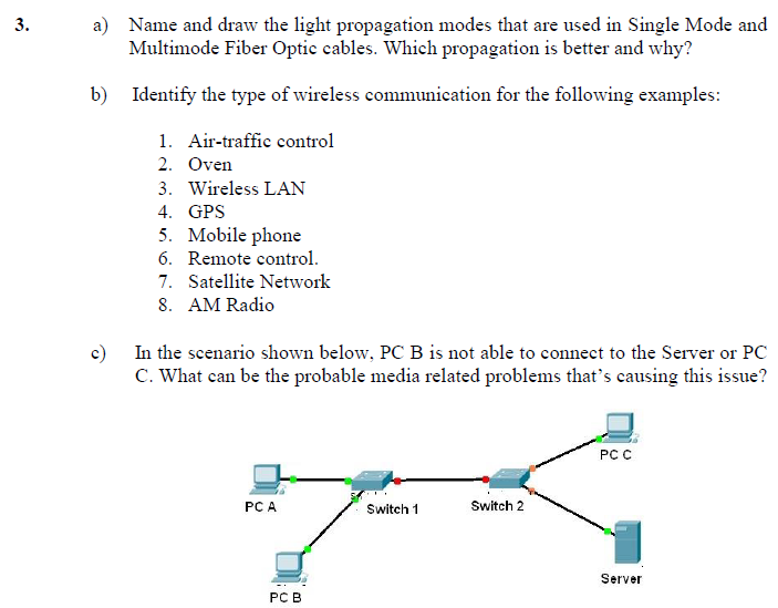 a) Name and draw the light propagation modes that are used in Single Mode and
Multimode Fiber Optic cables. Which propagation is better and why?
3.
b)
Identify the type of wireless communication for the following examples:
1. Air-traffic control
2. Oven
3. Wireless LAN
4. GPS
5. Mobile phone
6. Remote control.
7. Satellite Network
8. AM Radio
c)
In the scenario shown below, PC B is not able to connect to the Server or PC
C. What can be the probable media related problems that's causing this issue?
PC C
PC A
Switch 1
Switch 2
Server
PC B
