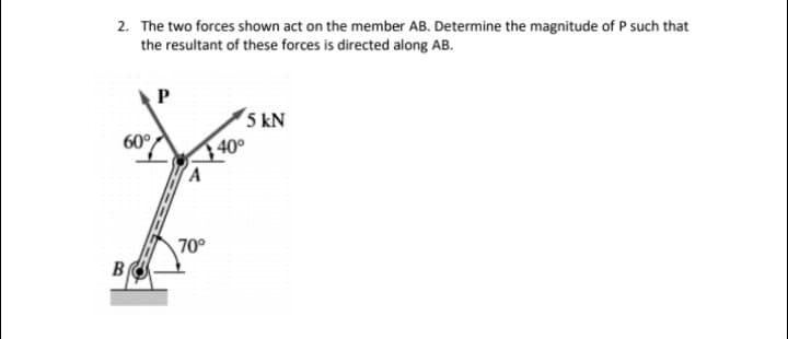 2. The two forces shown act on the member AB. Determine the magnitude of P such that
the resultant of these forces is directed along AB.
P
5 kN
40°
60°
70°
B
