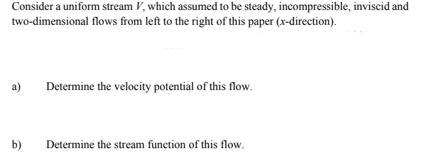 Consider a uniform stream V, which assumed to be steady, incompressible, inviscid and
two-dimensional flows from left to the right of this paper (x-direction).
a)
Determine the velocity potential of this flow.
b)
Determine the stream function of this flow.
