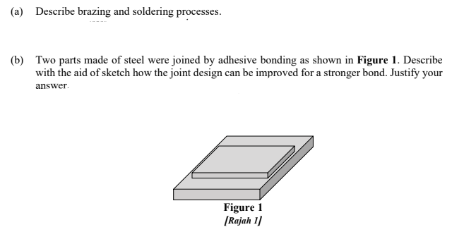 (a) Describe brazing and soldering processes.
(b) Two parts made of steel were joined by adhesive bonding as shown in Figure 1. Describe
with the aid of sketch how the joint design can be improved for a stronger bond. Justify your
answer.
Figure 1
[Rajah 1]
