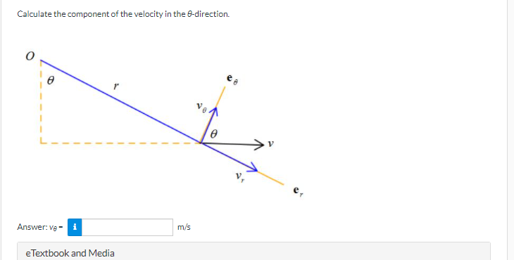 Calculate the component of the velocity in the 0-direction.
Answer: ve - i
m/s
e Textbook and Media
