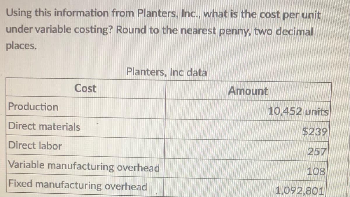 Using this information from Planters, Inc., what is the cost per unit
under variable costing? Round to the nearest penny, two decimal
places.
Planters, Inc data
Cost
Amount
Production
10,452 units
Direct materials
$239
Direct labor
257
Variable manufacturing overhead
108
Fixed manufacturing overhead
1,092,801
