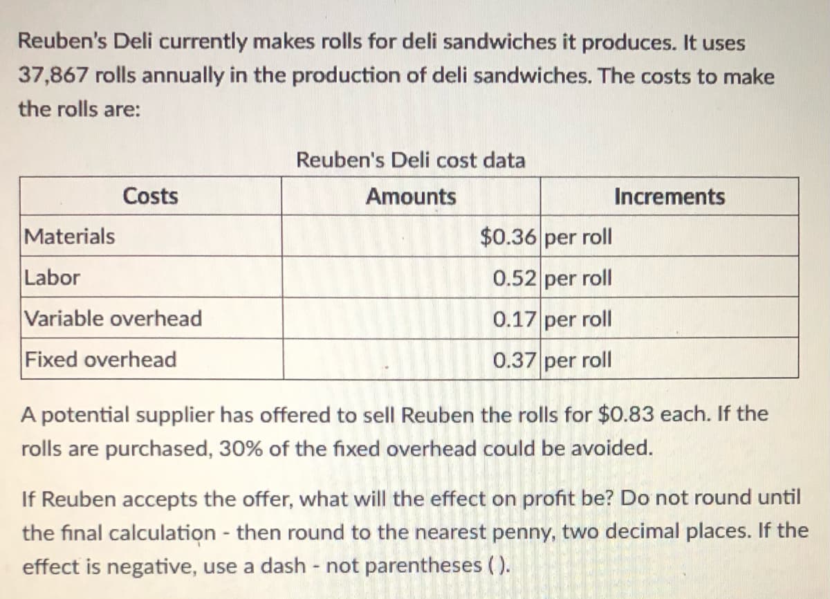 Reuben's Deli currently makes rolls for deli sandwiches it produces. It uses
37,867 rolls annually in the production of deli sandwiches. The costs to make
the rolls are:
Reuben's Deli cost data
Costs
Amounts
Increments
Materials
$0.36 per roll
Labor
0.52 per roll
Variable overhead
0.17 per roll
Fixed overhead
0.37 per roll
A potential supplier has offered to sell Reuben the rolls for $0.83 each. If the
rolls are purchased, 30% of the fixed overhead could be avoided.
If Reuben accepts the offer, what will the effect on profit be? Do not round until
the final calculation - then round to the nearest penny, two decimal places. If the
effect is negative, use a dash - not parentheses ( ).
