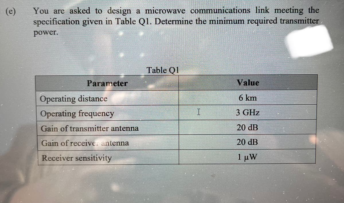 (e)
You are asked to design a microwave communications link meeting the
specification given in Table Q1. Determine the minimum required transmitter
power.
Parameter
Operating distance
Operating frequency
Gain of transmitter antenna
Gain of receiver antenna
Receiver sensitivity
Table Q1
I
Value
6 km
3 GHz
20 dB
20 dB
1 μW