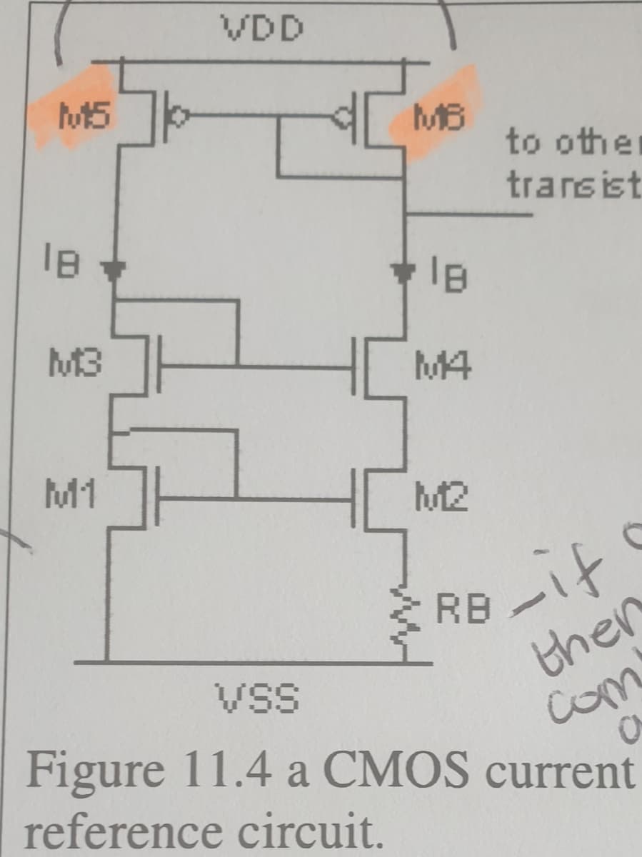 VDD
M5
MB
to othe
trarsist
M3
M4
M1
M2
RB-it
ther
com
Figure 11.4 a CMOS current
reference circuit.
