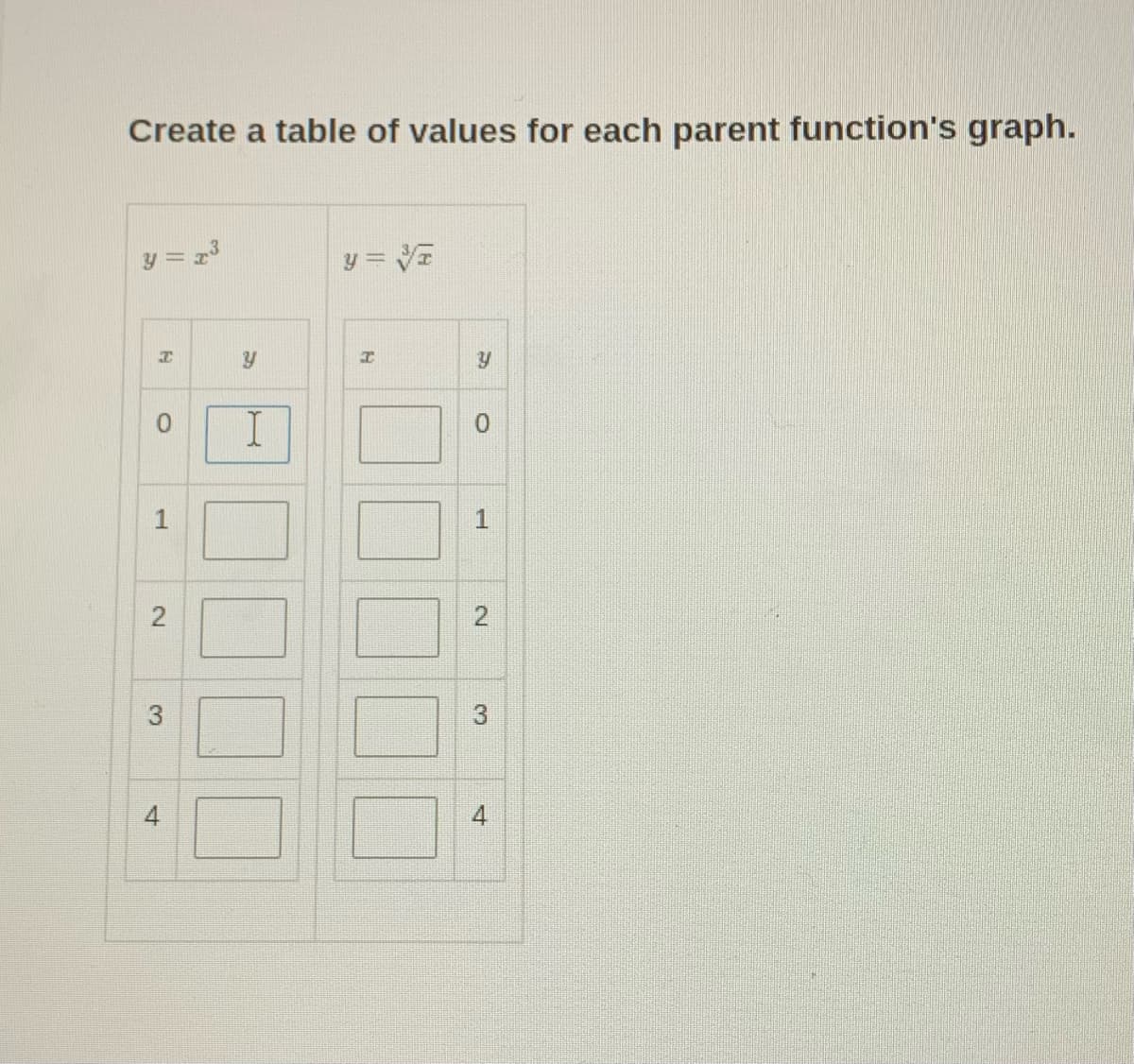 Create a table of values for each parent function's graph.
y = VE
0.
2.
3.
4.
||
2.
3,
4.
