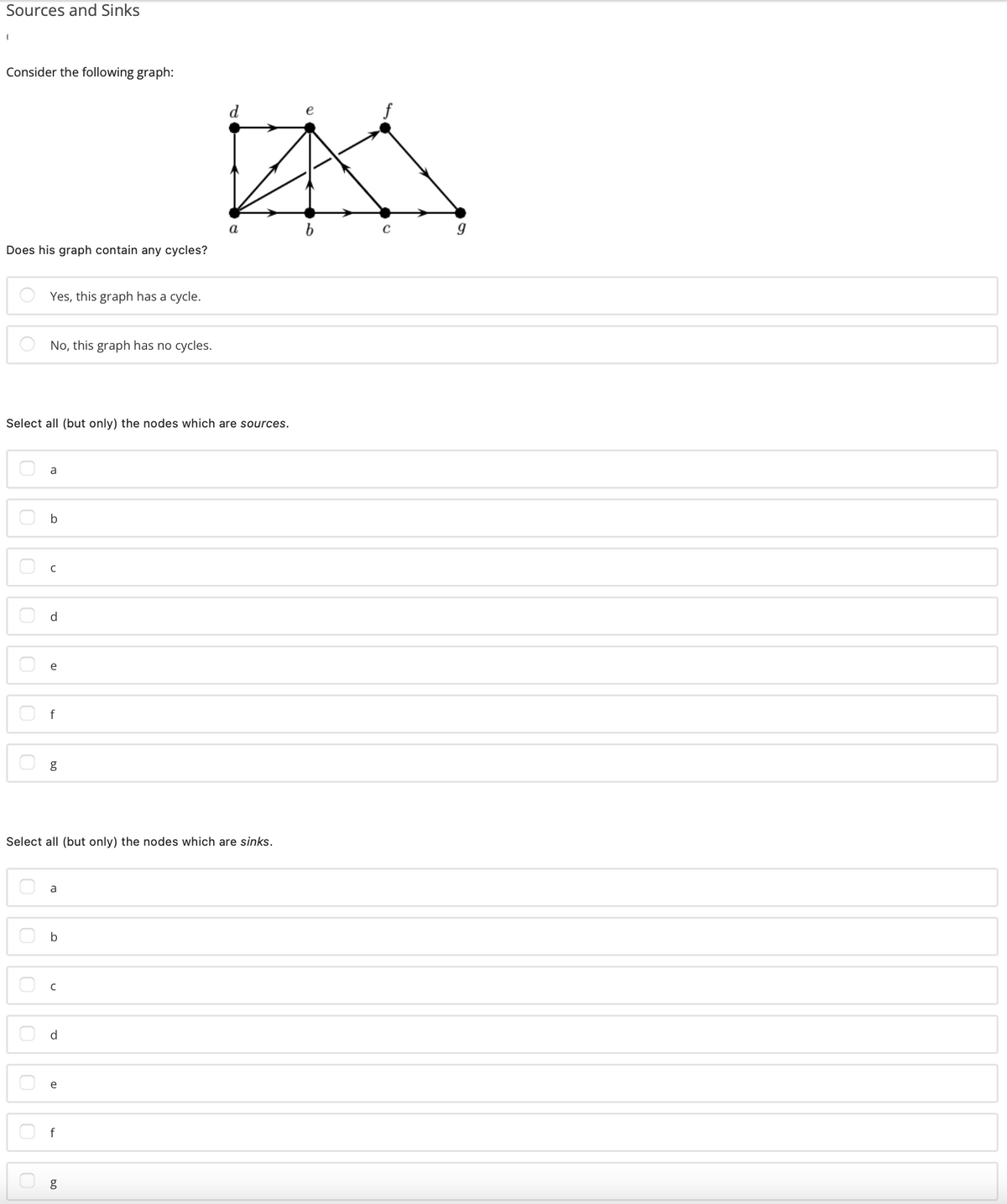 Sources and Sinks
Consider the following graph:
d
f
a
b
Does his graph contain any cycles?
Yes, this graph has a cycle.
No, this graph has no cycles.
Select all (but only) the nodes which are sources.
a
b
d
Select all (but only) the nodes which are sinks.
a
b
d
e
f
