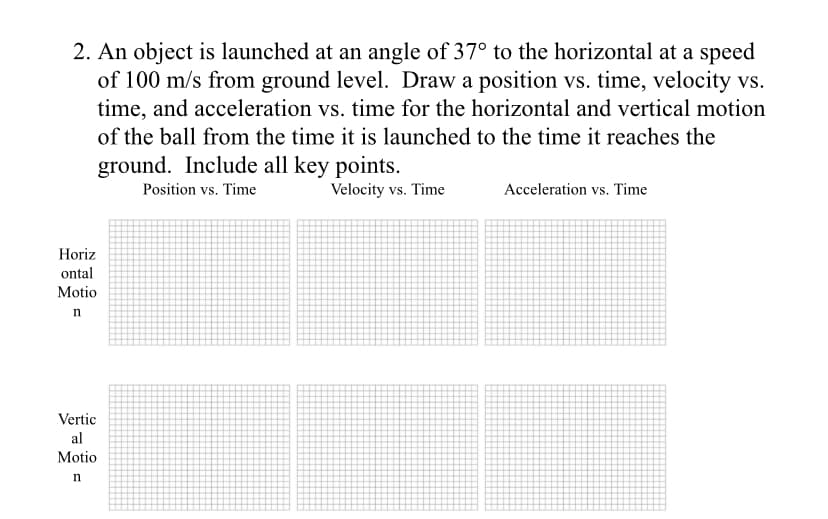 2. An object is launched at an angle of 37° to the horizontal at a speed
of 100 m/s from ground level. Draw a position vs. time, velocity vs.
time, and acceleration vs. time for the horizontal and vertical motion
of the ball from the time it is launched to the time it reaches the
ground. Include all key points.
Velocity vs. Time
Position vs. Time
Acceleration vs. Time
Horiz
ontal
Motio
n
Vertic
al
Motio

