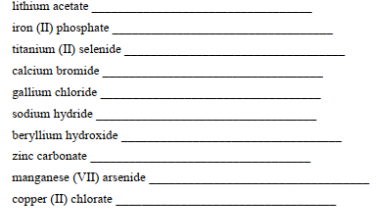 lithium acetate
iron (II) phosphate _
titanium (II) selenide
calcium bromide
gallium chloride
sodium hydride
beryllium hydroxide
zinc carbonate
manganese (VII) arsenide
copper (II) chlorate
