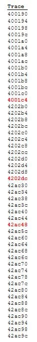 Trace
400190
400194
400198
40019c
40010
4001 4
4001a8
4001ac
4001b0
4001b4
4001b8
4001bc
4001c0
400104
4202b0
4202b4
4202b8
4202bc
4202c0
4202c4
4202c8
4202cc
4202d0
4202d4
4202d8
4202dc
42ac30
42ac34
42ac38
42ac3c
42ac40
42ac44
42ac48
42ac5c
42ac60
42ac64
42ас68
42ac6c
42ac70
42ac74
42ac78
42ac7c
42ac80
42ac84
42ac88
42ac8c
42ac90
42ac94
42ac98
42ac9c