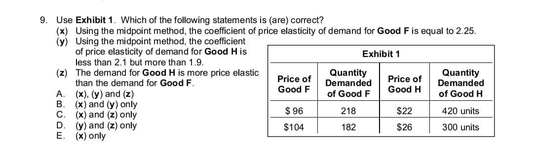 9.
Use Exhibit 1. Which of the following statements is (are) correct?
(x) Using the midpoint method, the coefficient of price elasticity of demand for Good F is equal to 2.25.
(y) Using the midpoint method, the coefficient
of price elasticity of demand for Good H is
Exhibit 1
less than 2.1 but more than 1.9.
Quantity
Demanded
(z) The demand for Good H is more price elastic
than the demand for Good F.
(x), (y) and (z)
В.
Price of
Good F
Quantity
Demanded
Price of
Good H
А.
of Good F
of Good H
(x) and (y) only
(x) and (z) only
$ 96
218
$22
420 units
С.
D.
(y) and (z) only
$104
182
$26
300 units
E. (x) only
