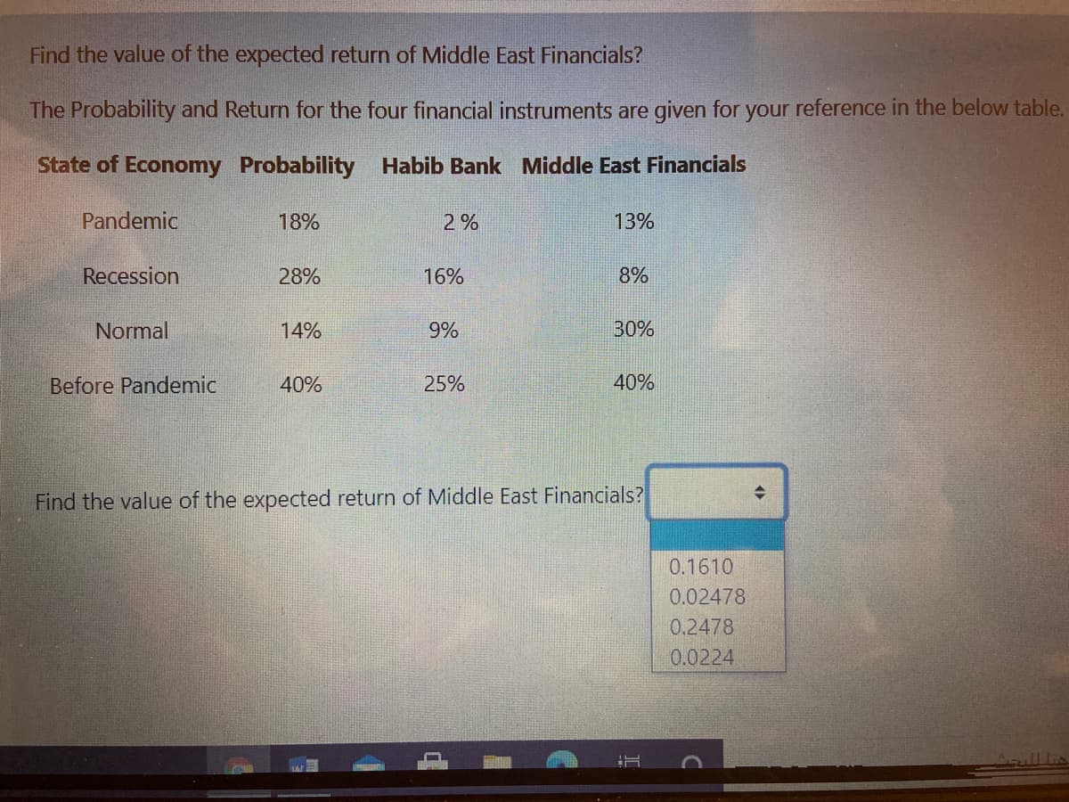 Find the value of the expected return of Middle East Financials?
The Probability and Return for the four financial instruments are given for your reference in the below table.
State of Economy Probability Habib Bank Middle East Financials
Pandemic
18%
2%
13%
Recession
28%
16%
8%
Normal
14%
9%
30%
Before Pandemic
40%
25%
40%
Find the value of the expected return of Middle East Financials?
0.1610
0.02478
0.2478
0.0224
