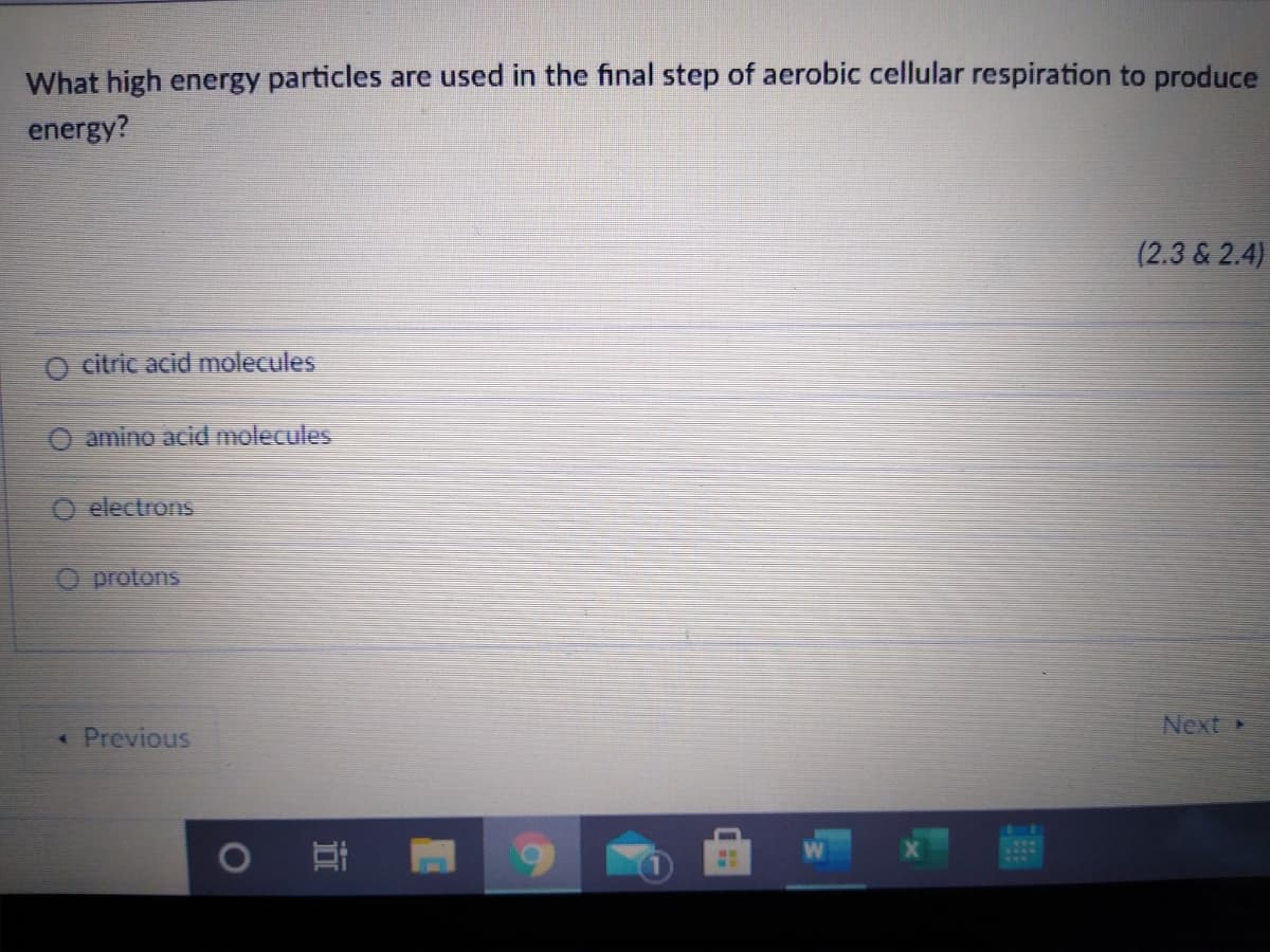 What high energy particles are used in the final step of aerobic cellular respiration to produce
energy?
(2.3 & 2.4)
O citric acid molecules
O amino acid molecules
O electrons
O protons
Next ►
*Previous
近
