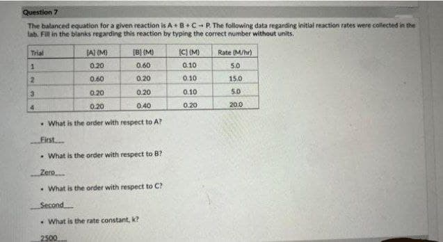 Question 7
The balanced equation for a given reaction is A+B+C- P. The following data regarding initial reaction rates were collected in the
lab. Fill in the blanks regarding this reaction by typing the correct number without units,
Trial
JA) (M)
[B] (M)
(C) (M)
Rate (M/hr)
1.
0.20
0.60
0.10
5.0
0.60
0.20
0.10
15.0
3.
0.20
0.20
0.10
5.0
4.
0.20
0.40
0.20
20.0
• What is the order with respect to A?
First
• What is the order with respect to 8?
Zero
• What is the order with respect to C?
Second
• What is the rate constant, k?
2500
