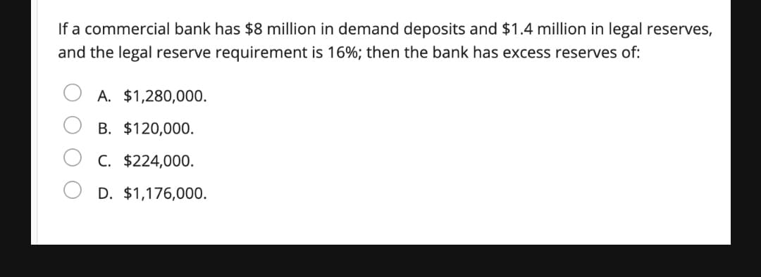 If a commercial bank has $8 million in demand deposits and $1.4 million in legal reserves,
and the legal reserve requirement is 16%; then the bank has excess reserves of:
A. $1,280,000.
B. $120,000.
C. $224,000.
D. $1,176,000.
