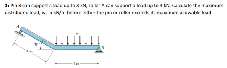 1: Pin B can support a load up to 8 kN, roller A can support a load up to 4 kN. Calculate the maximum
distributed load, w, in kN/m before either the pin or roller exceeds its maximum allowable load.
30
B
3 m
- 4 m-

