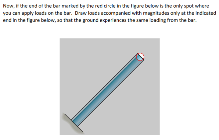Now, if the end of the bar marked by the red circle in the figure below is the only spot where
you can apply loads on the bar. Draw loads accompanied with magnitudes only at the indicated
end in the figure below, so that the ground experiences the same loading from the bar.
