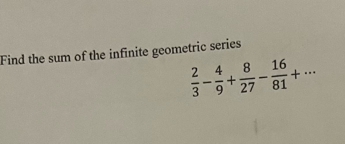 Find the sum of the infinite geometric series
24
8
16
3-9 +27
27 81
-
+