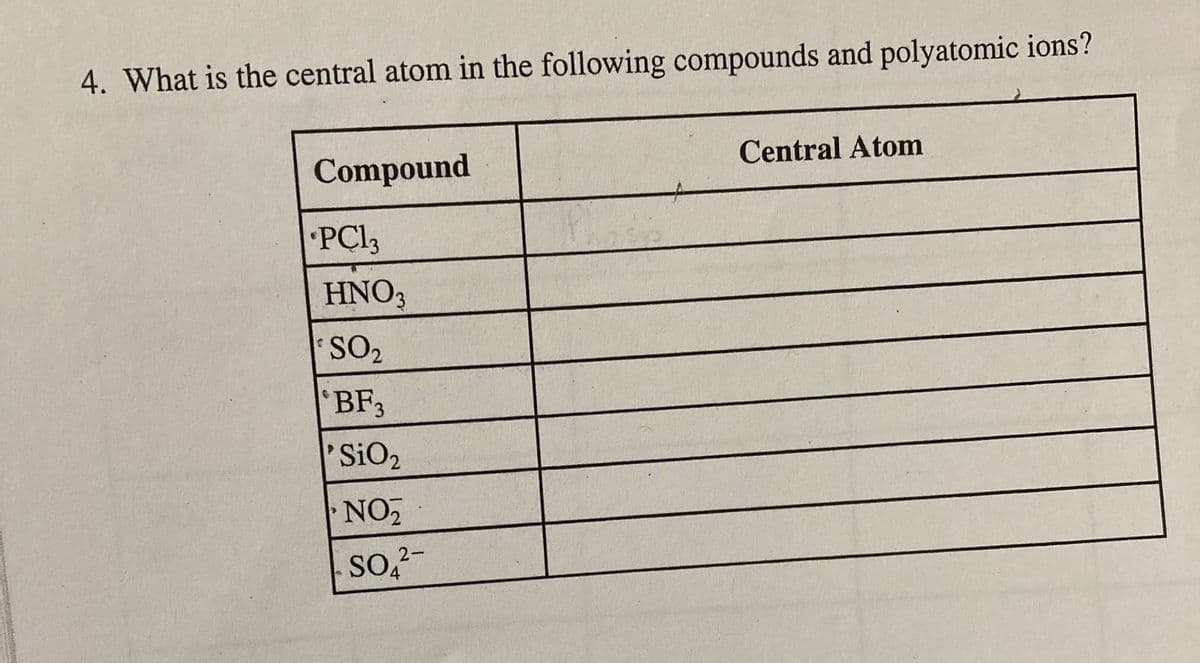 4. What is the central atom in the following compounds and polyatomic ions?
Compound
PC13
HNO3
SO₂
BF3
SiO₂
NO₂
2-
SO4²-
Central Atom