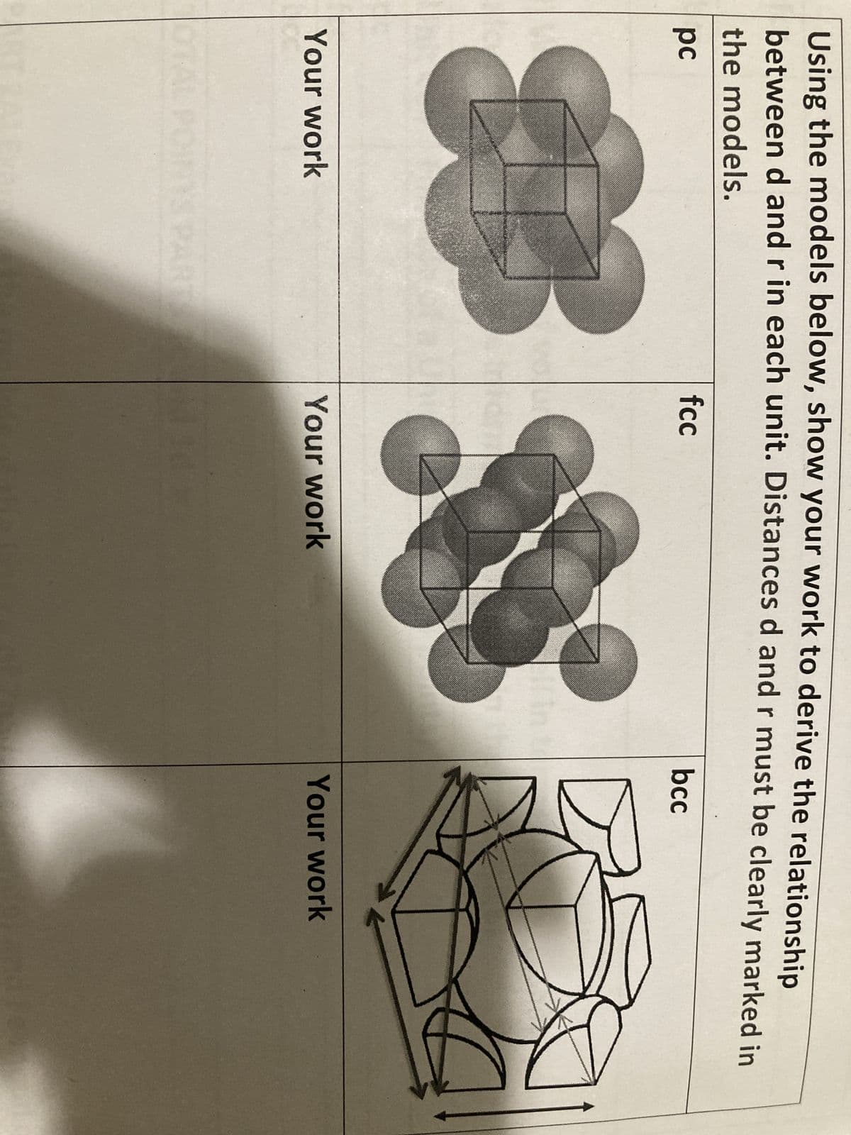 Using the models below, show your work to derive the relationship
between d and r in each unit. Distances d and r must be clearly marked in
the models.
pc
Your work
fcc
Your work
OTAL POINTS PARTM
bcc
Your work