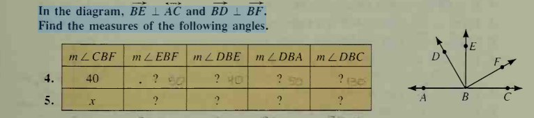 In the diagram, BÉ 1 ÁC and BD I BF.
Find the measures of the following angles.
m Z CBF
m ZEBF
m Z DBE
m ZDBA
m ZDBC
4.
40
? HO
?
5.
В с
