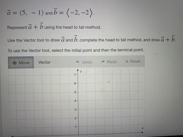 a = (5. – 1) and b = (-2, –2).
%3D
Represent à + b using the head to tail method.
Use the Vector tool to draw a and b, complete the head to tail method, and draw a + b.
To use the Vector tool, select the initial point and then the terminal point.
+ Move
6 Undo
A Redo
x Reset
Vector
y
6
5
2
