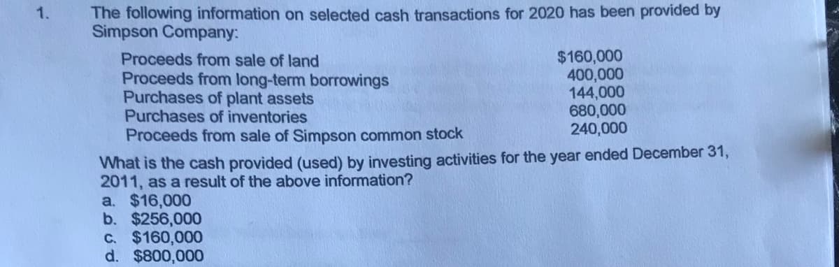 The following information on selected cash transactions for 2020 has been provided by
Simpson Company:
1.
Proceeds from sale of land
Proceeds from long-term borrowings
Purchases of plant assets
Purchases of inventories
Proceeds from sale of Simpson common stock
$160,000
400,000
144,000
680,000
240,000
What is the cash provided (used) by investing activities for the year ended December 31,
2011, as a result of the above information?
a. $16,000
b. $256,000
C. $160,000
d. $800,000
