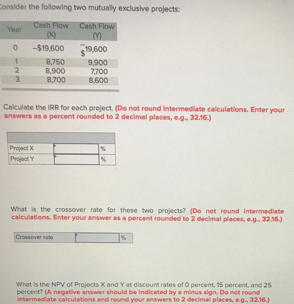 Consider the following two mutually exclusive projects:
Cash Flow
Cash Flow
Year
(X)
()
0.
-$19,600
19,600
8,750
8,900
8,700
9,900
7,700
8,600
Calculate the IRR for each project. (Do not round intermedlate calculations. Enter your
answers as a percent rounded to 2 decimal places, e.g., 32.16.)
Project X
Project Y
What is the crossover rate for these two projects? (Do not round Intermediate
calculations. Enter your answer as a percent rounded to 2 decimal places, e.g., 32.16.)
Crossover rate
What is the NPV of Projects X and Y at discount rates of 0 percent, 15 percent, and 25
percent? (A negative answer should be indicated by a minus sign. Do not round
intermediate calculations and round your answers to 2 decimal places, e.g., 32.16.)
23
