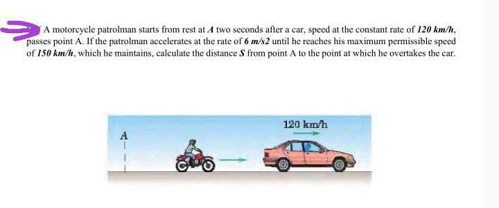 A motorcycle patrolman starts from rest at A two seconds after a car, speed at the constant rate of 120 km/h,
passes point A. If the patrolman accelerates at the rate of 6 m/s2 until he reaches his maximum permissible speed
of 150 km/h, which he maintains, calculate the distance S from point A to the point at which he overtakes the car.
120 km/h
A
