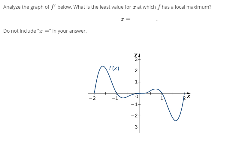 Analyze the graph of f' below. What is the least value for x at which f has a local maximum?
x =
Do not include "x =" in your answer.
УЛ
37
f'(x)
1+
-2
-1
-1+
-2+
-3-
