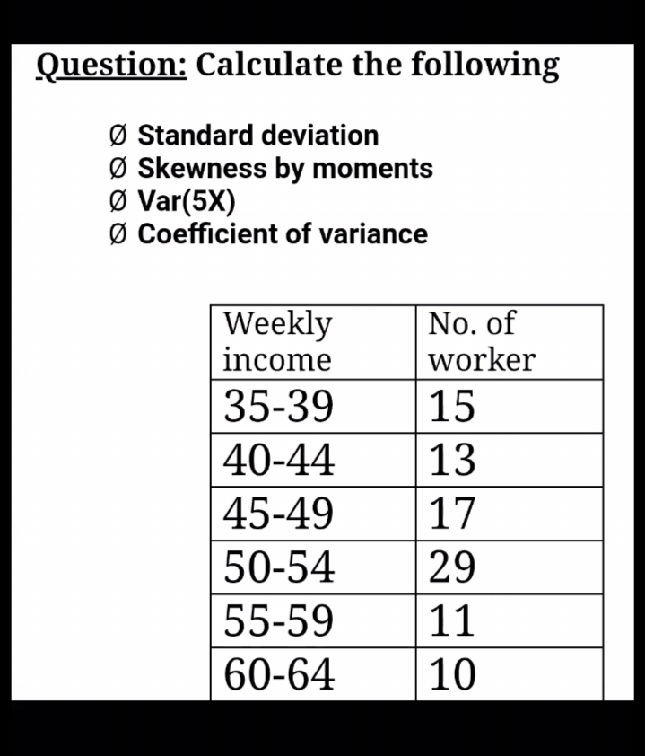 Question: Calculate the following
Ø Standard deviation
Ø Skewness by moments
Ø Var(5X)
Ø Coefficient of variance
Weekly
income
No. of
worker
35-39
15
40-44
13
45-49
17
50-54
29
55-59
11
60-64
10

