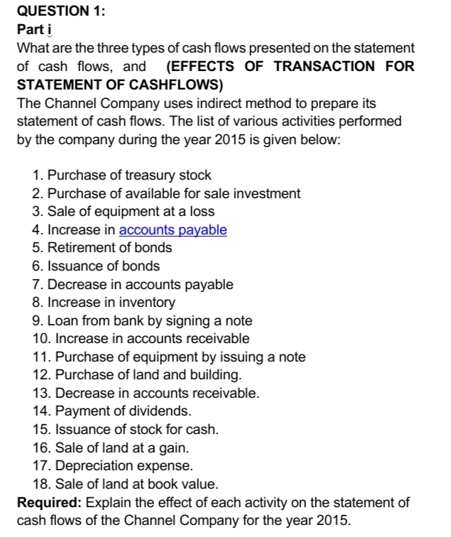 QUESTION 1:
Part į
What are the three types of cash flows presented on the statement
of cash flows, and (EFFECTS OF TRANSACTION FOR
STATEMENT OF CASHFLOWS)
The Channel Company uses indirect method to prepare its
statement of cash flows. The list of various activities performed
by the company during the year 2015 is given below:
1. Purchase of treasury stock
2. Purchase of available for sale investment
3. Sale of equipment at a loss
4. Increase in accounts payable
5. Retirement of bonds
6. Issuance of bonds
7. Decrease in accounts payable
8. Increase in inventory
9. Loan from bank by signing a note
10. Increase in accounts receivable
11. Purchase of equipment by issuing a note
12. Purchase of land and building.
13. Decrease in accounts receivable.
14. Payment of dividends.
15. Issuance of stock for cash.
16. Sale of land at a gain.
17. Depreciation expense.
18. Sale of land at book value.
Required: Explain the effect of each activity on the statement of
cash flows of the Channel Company for the year 2015.
