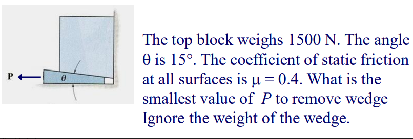 The top block weighs 1500 N. The angle
O is 15°. The coefficient of static friction
at all surfaces is µ = 0.4. What is the
smallest value of P to remove wedge
Ignore the weight of the wedge.
