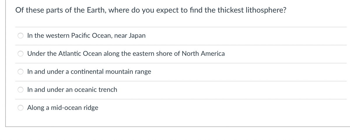 Of these parts of the Earth, where do you expect to find the thickest lithosphere?
O
O
In the western Pacific Ocean, near Japan
Under the Atlantic Ocean along the eastern shore of North America
In and under a continental mountain range
In and under an oceanic trench
Along a mid-ocean ridge