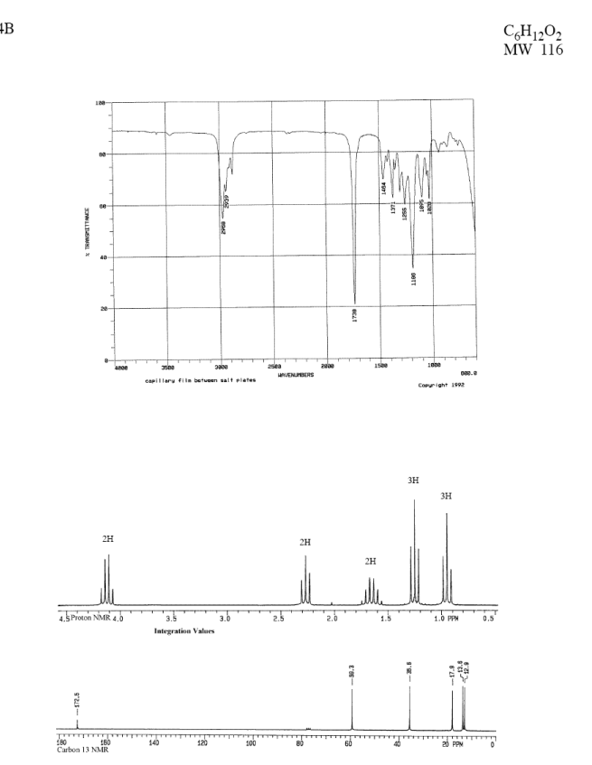 4B
CH1202
MW 116
2sea
ENUBERS
capillaru fiia betveen salt elates
Corright 1992
ill
3H
3H
2H
2H
2H
SProton NMR 4.b
3.0
2.0
1.0 PPM
2.
1.5
0.5
Integration Values
160
120
180
Carbon 13 NMR
100
20 PPN
-17.9
perT
WLLTMML
