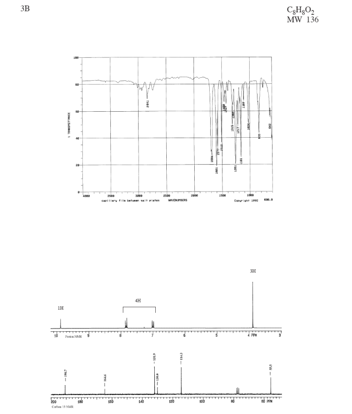 3B
C3H3O2
MW 136
35ea
ase
15e
capi lleru fila betueen salt Plates
wWENUHERS
Copuright 1PPe
3H
4H
1H
10
4 PPM
Protn NMR
200
180
160
140
120
100
Carten 13 NMR
CHI-
