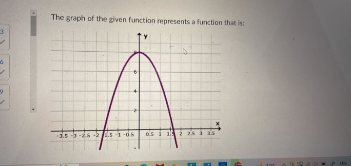 3
6
The graph of the given function represents a function that is:
2
3.5 -3 -2.5 -2 1.5 -1 -0.5
A
0.5 i 1.5 2 2.5 3 3.5
X
22⁹
OBFE4
ENG